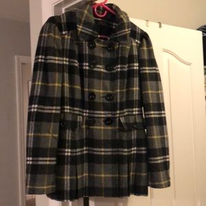 Black and yellow plaid pea coat